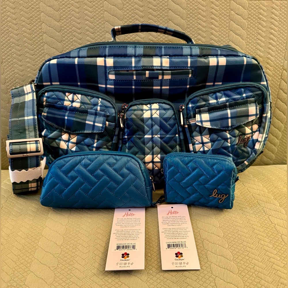Lug Railcar Flannel Plaid Crossbody Bobsled Mini Choo Choo in Ocean Blue NWT’s